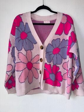 Pink Lily Pink Purple Flower Floral Print Knit Button Up Cardigan Sweater Size S